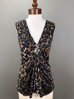 Blumarine Silk Animal Print Jeweled Deep V neck Blouse Top Sz 44 Evening